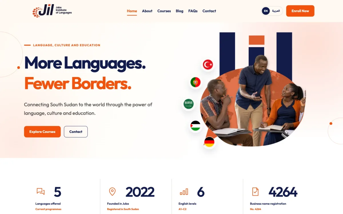 JIL South Sudan — A multilingual website connecting learners with language courses at Juba Institute of Languages.