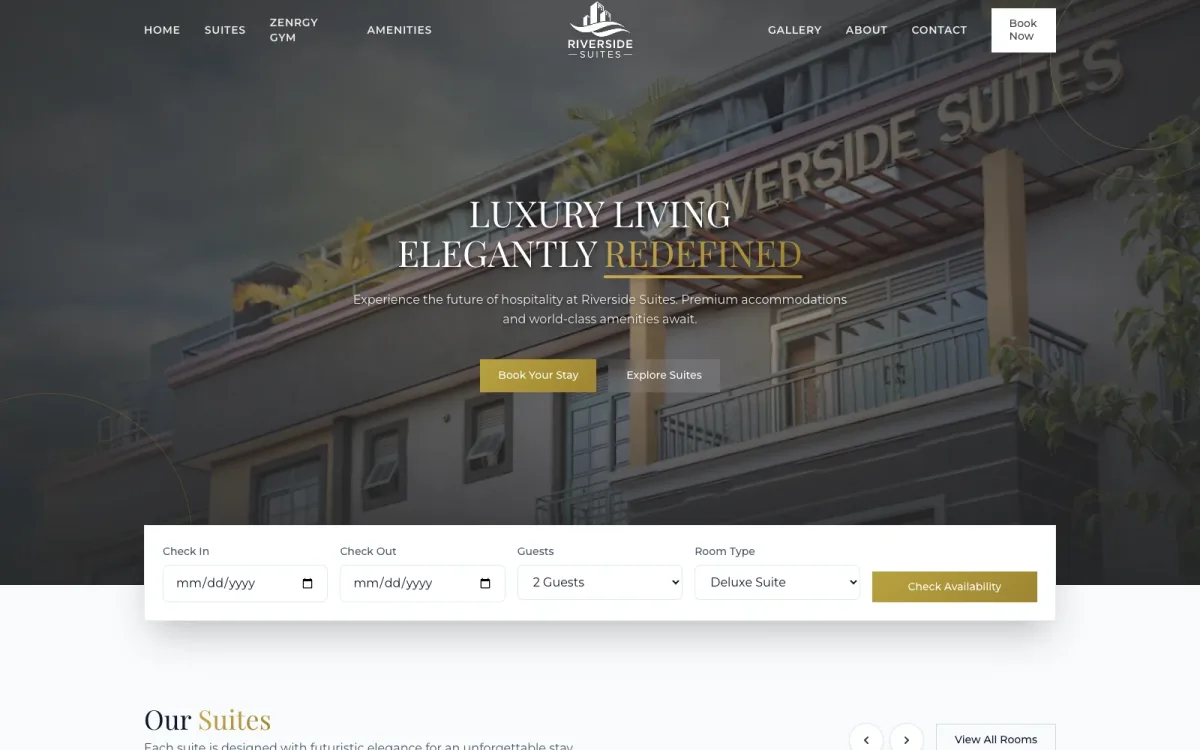 Riverside Suites — A refined hospitality website that presents the property and guides guests towards booking.