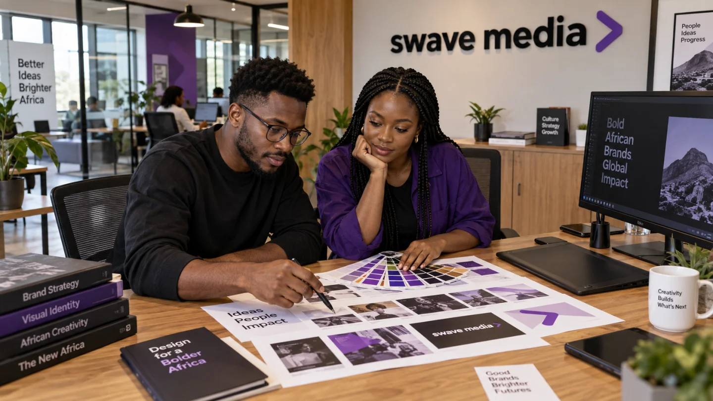 Graphics Design — African creatives in a Swave Media branded tech office (AI-generated)