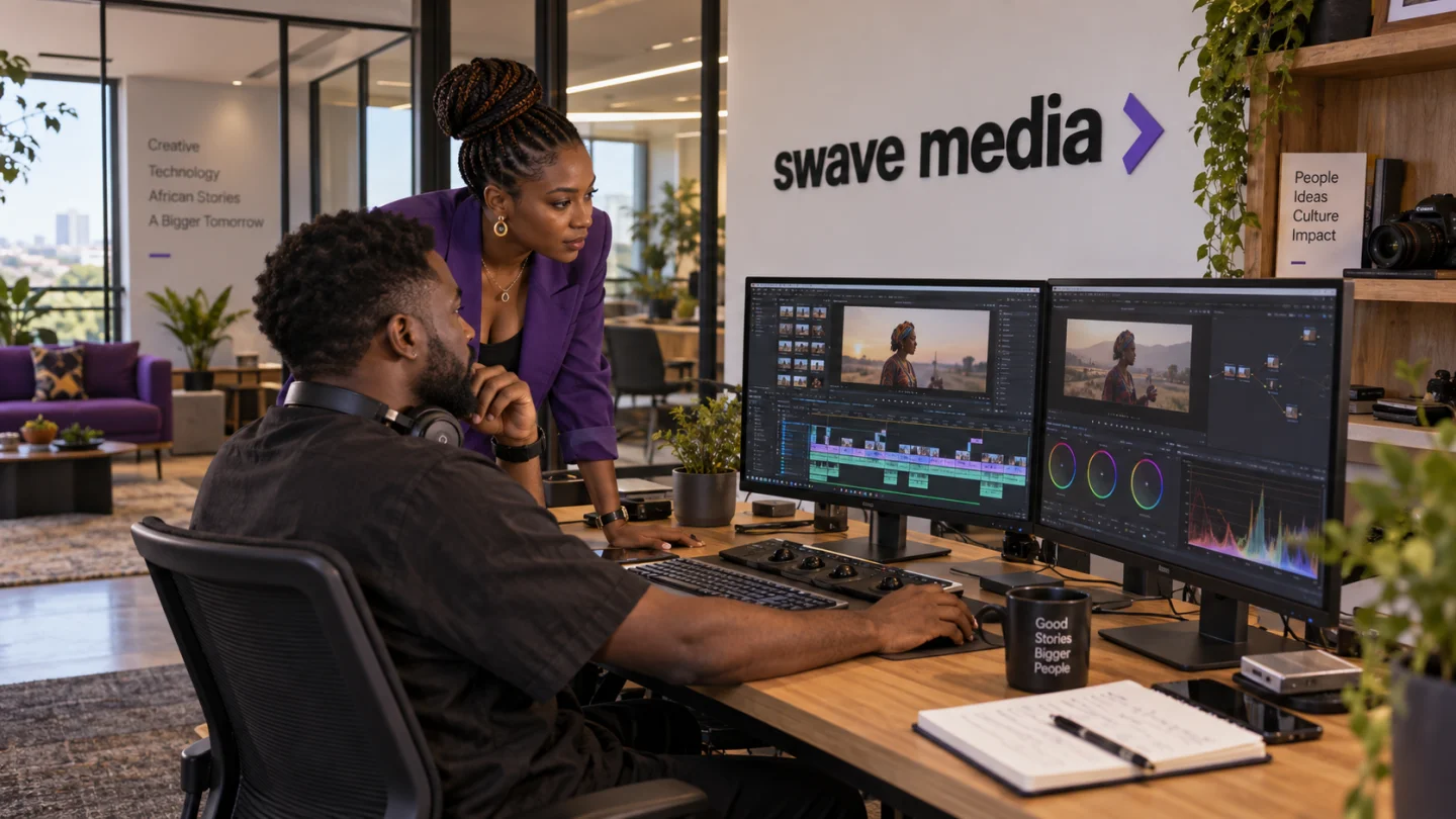 Motion Graphics & Video Editing — African creatives in a Swave Media branded tech office (AI-generated)