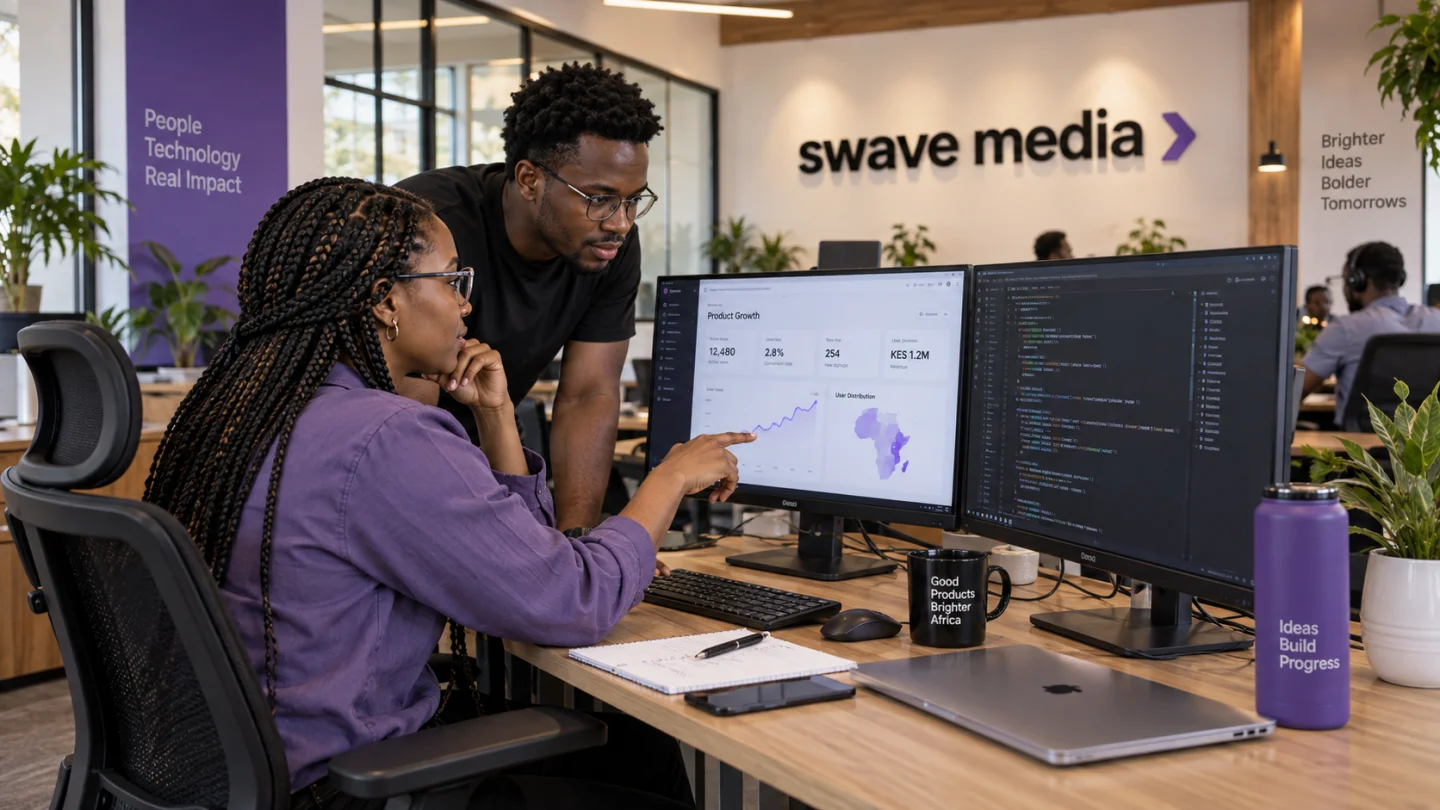 Business Management Software — African creatives in a Swave Media branded tech office (AI-generated)