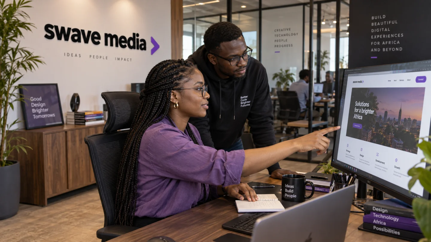 Website Development — African creatives in a Swave Media branded tech office (AI-generated)